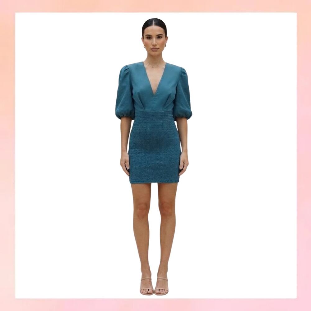 New York & Company V-Neck Puff Sleeve Smocked Bodycon Dress XL